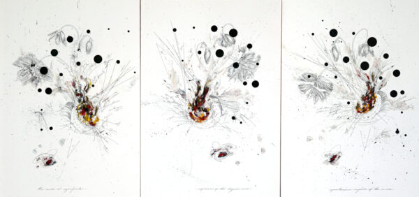 New Formations triptych, Pencil, ink, oil pastel on paper. Each framed separately.